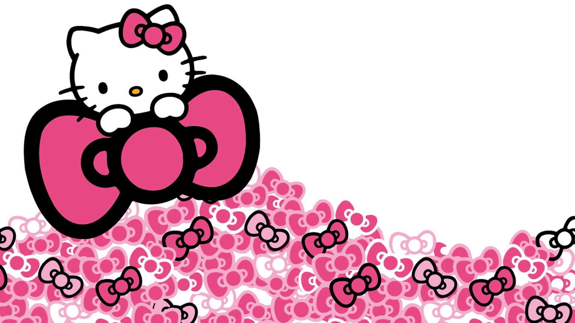 Hello Kitty 桌布 壁紙 — Hello Kitty 在粉紅色蝴蝶結的山丘上探出頭來，帶有俏皮又愉快的感覺。