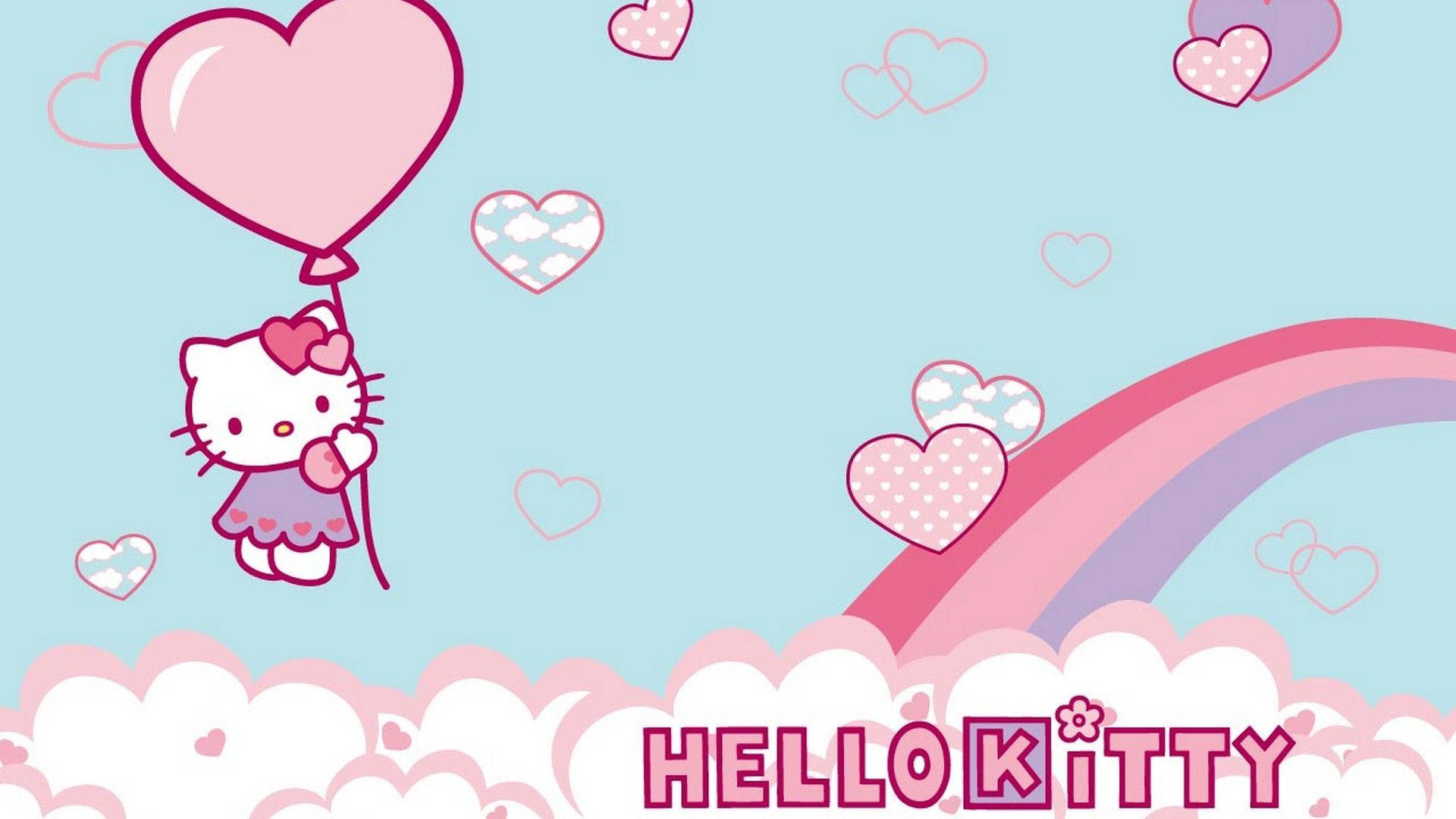 Hello 桌布 壁紙 — Hello Kitty 在粉紅色氣球上漂浮在 fluffy 雲朵上方，有彩虹和散落的心形，背景是柔和的藍天。