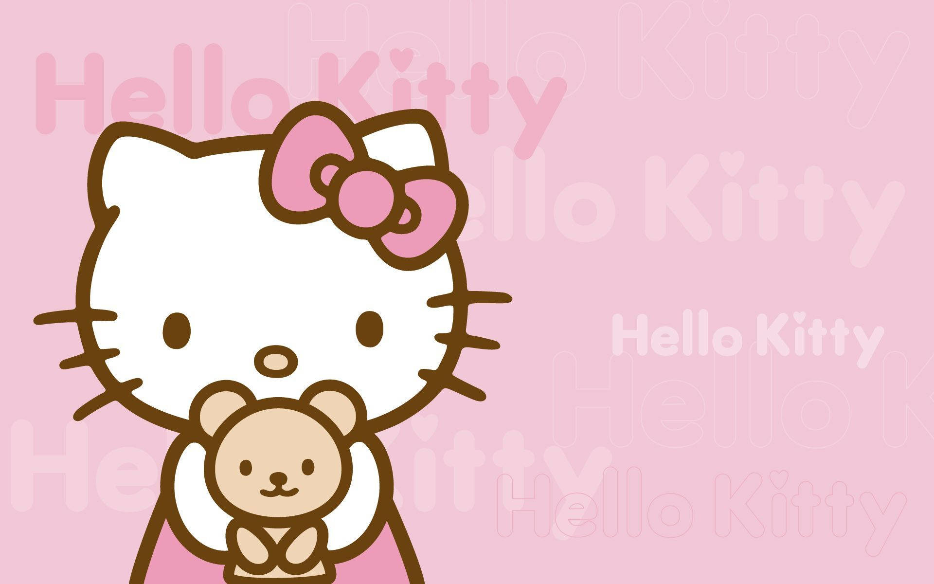 Hello 桌布 壁紙 — Hello Kitty 在粉紅色背景上抱著一隻泰迪熊，背景有重複的 Hello Kitty 文字。
