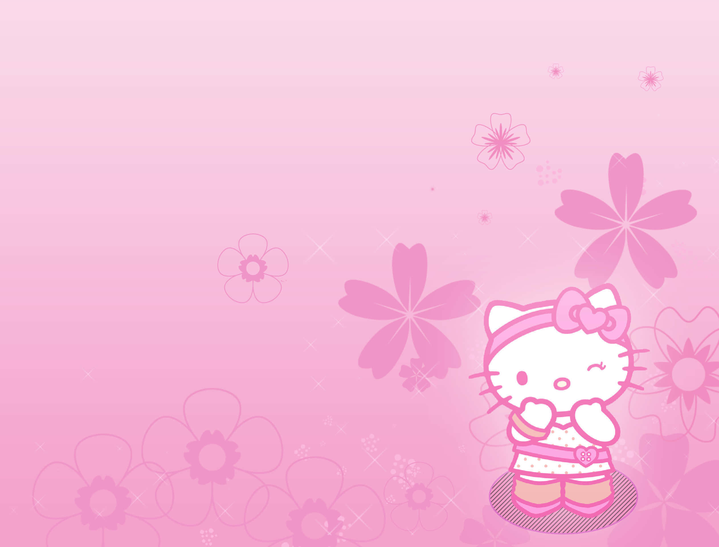 Hello Kitty Pc 桌布 壁紙 — Hello Kitty 在粉紅色花卉壁紙上，帶有閃亮點綴和柔和漸變背景。