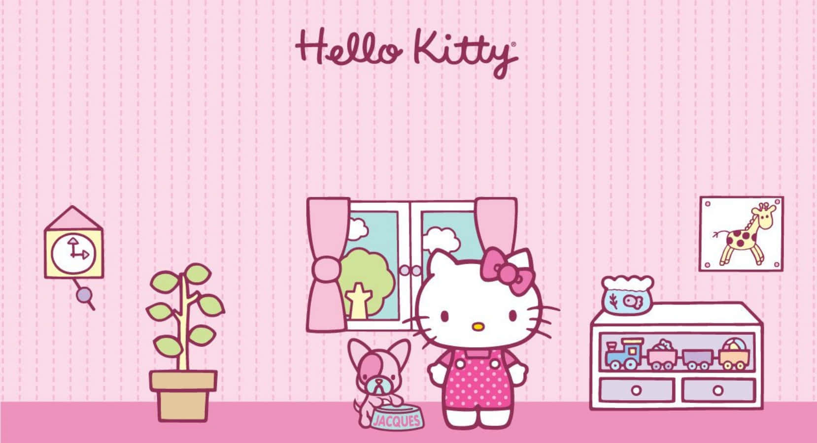 Hello Kitty Laptop 桌布 壁紙 — Hello Kitty 在粉紅色房間裡，有玩具和窗戶，窗外有樹和雲。