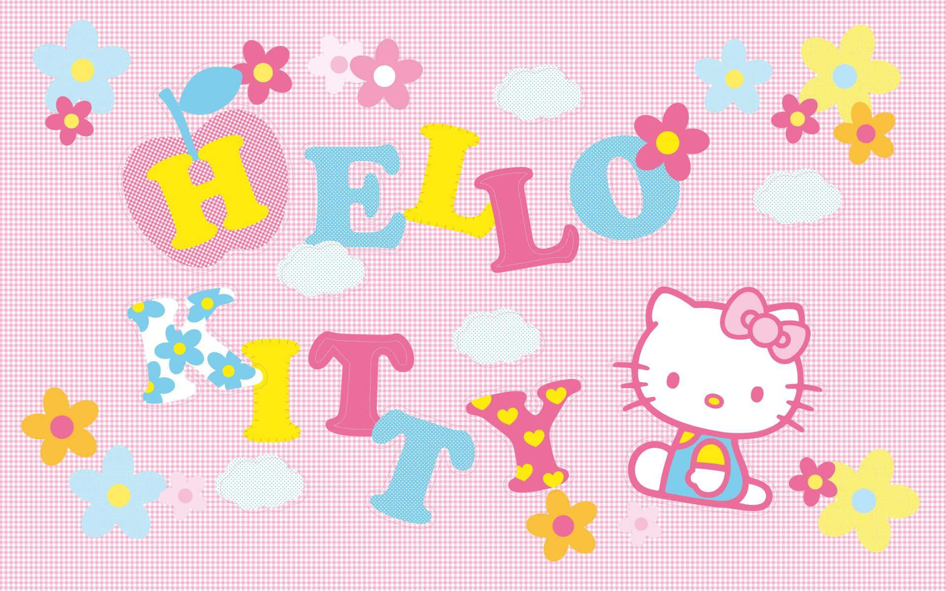 Hello Kitty 桌布 壁紙 — Hello Kitty 在粉紅色格紋背景上，在色彩繽紛的花朵和粉彩雲朵之間開心地坐著。