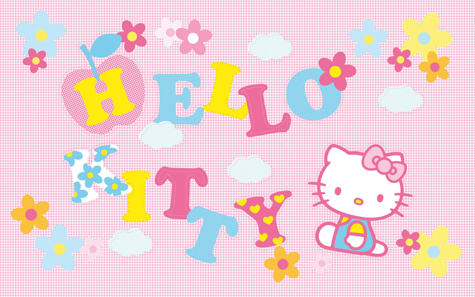 Hello Kitty 桌布 壁紙 — Hello Kitty 在粉紅色格紋背景上，在色彩繽紛的花朵和粉彩雲朵之間開心地坐著。