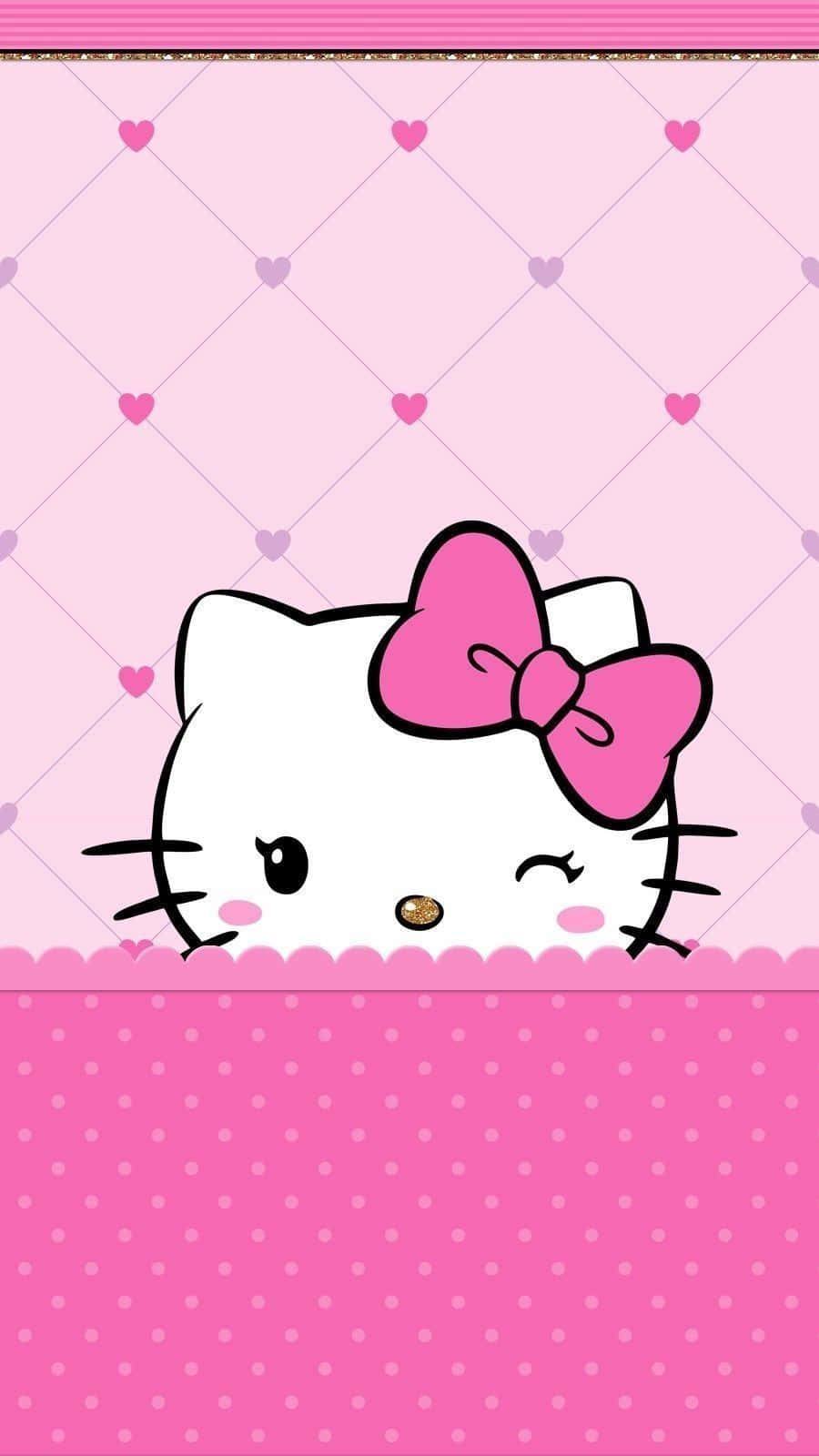 Hello Kitty 桌布 壁紙 — Hello Kitty 在粉紅色圓點邊框上方探出頭來，背景是絎縫粉紅色，還有散落的心形圖案。