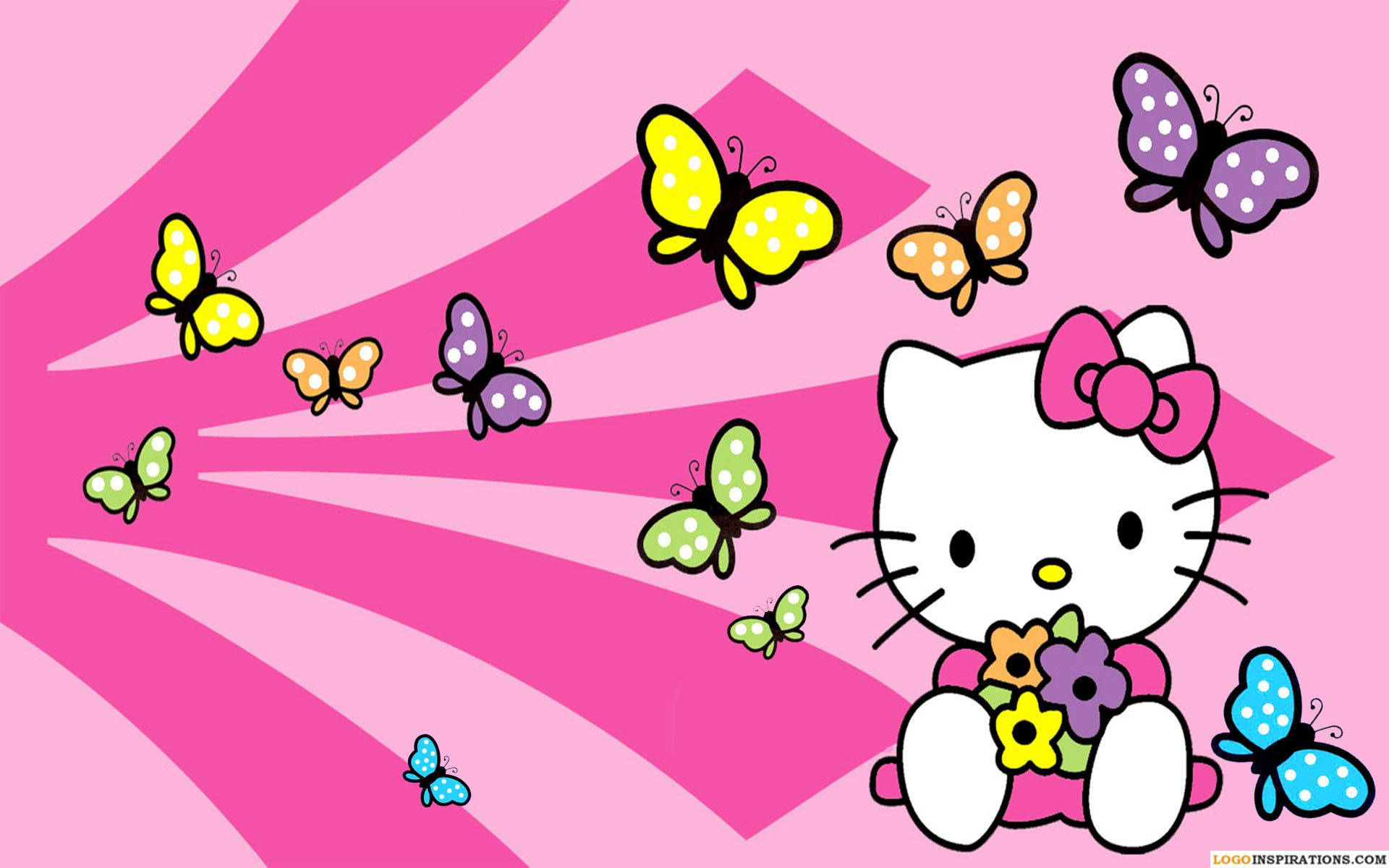 Hello 桌布 壁紙 — Hello Kitty 在粉紅色條紋背景上手持色彩繽紛的花朵，被鮮豔的蝴蝶圍繞。
