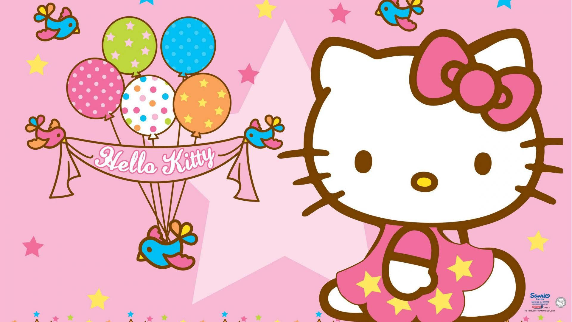 Hello 桌布 壁紙 — Hello Kitty 在粉紅色星空背景中手持一束彩色圓點氣球和快樂的小鳥。