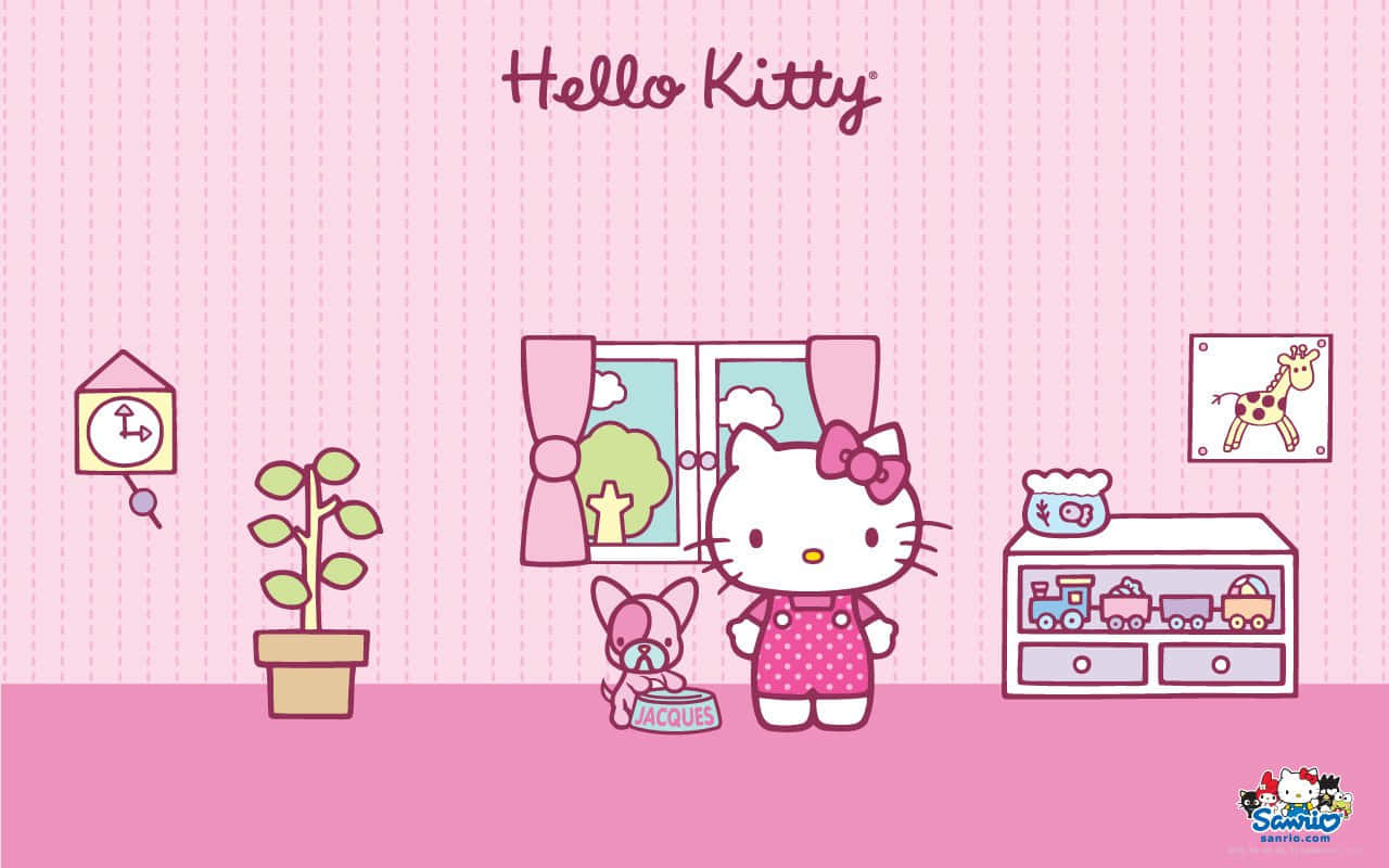 Hello Kitty Pc 桌布 壁紙 — Hello Kitty 在粉紅色房間裡，有一隻小狗和架子上的玩具。