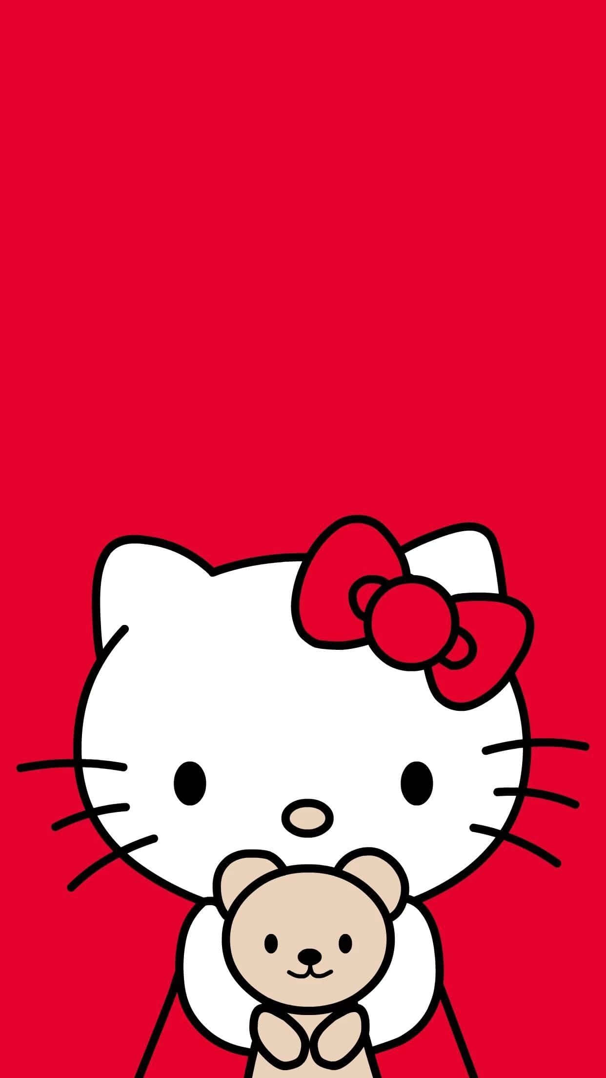 Cute Red 桌布 壁紙 — Hello Kitty 在純紅色背景前抱著一隻泰迪熊，背景有粗黑線條。