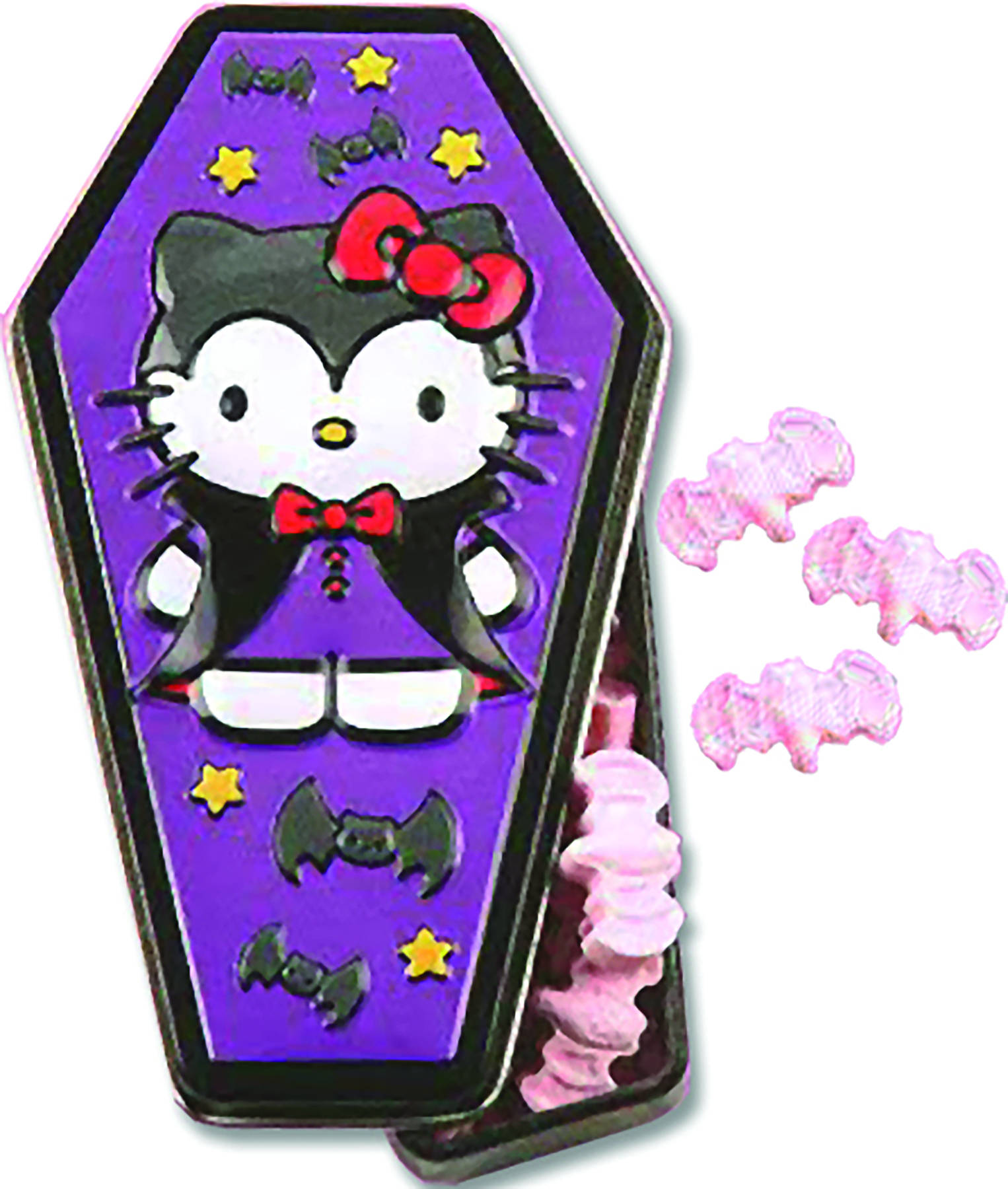 Hello Kitty Halloween 桌布 壁紙 — Hello Kitty 在紫色棺材裡，有蝙蝠和星星，穿著黑色吸血鬼服裝和紅色蝴蝶結。