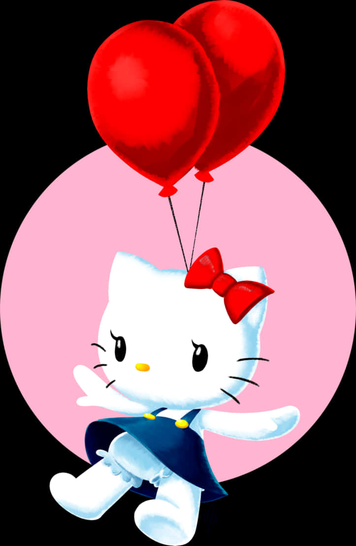 Hello Kitty 桌布 壁紙 — Hello Kitty 在黑色背景上，於粉紅色圓圈前面快樂地漂浮，拿著兩個紅色氣球。