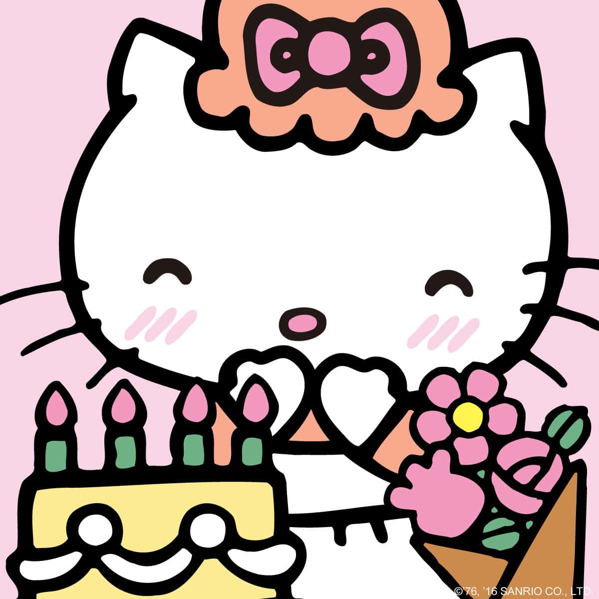 Mary White 桌布 壁紙 — Hello Kitty 在點燃蠟燭的生日蛋糕旁邊，開心地拿著一束粉紅色花微笑。