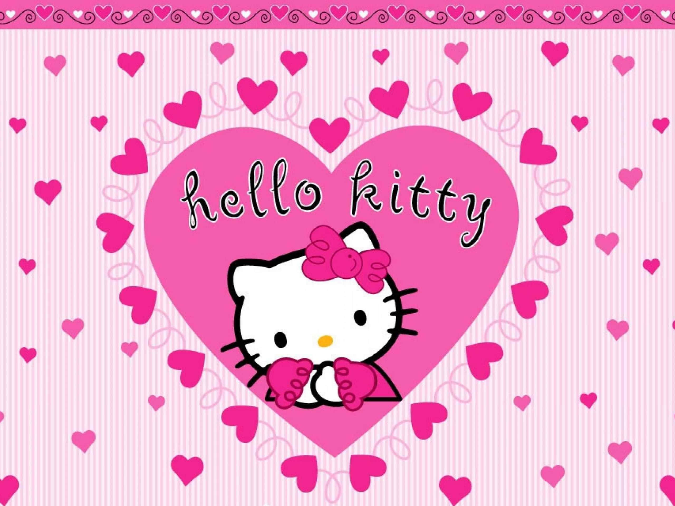 Hello Kitty 桌布 壁紙 — Hello Kitty 坐在一個粉紅色大愛心內，周圍有漂浮的愛心，背景是粉紅色條紋。