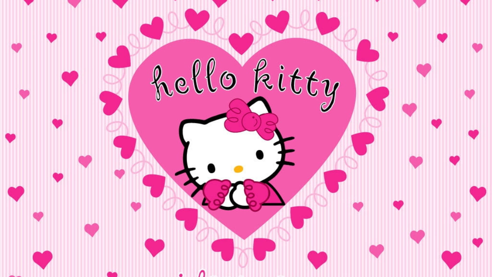 Hello 桌布 壁紙 — Hello Kitty 坐在一個大粉紅色愛心裡，手持兩個粉紅色愛心，背景是條紋粉紅色，散落著愛心圖案。