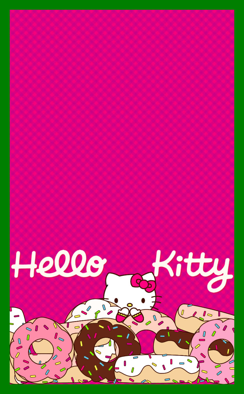 Hello Kitty 桌布 壁紙 — Hello Kitty 坐在一堆色彩繽紛的糖霜甜甜圈上，背景是明亮的粉紅色格紋。