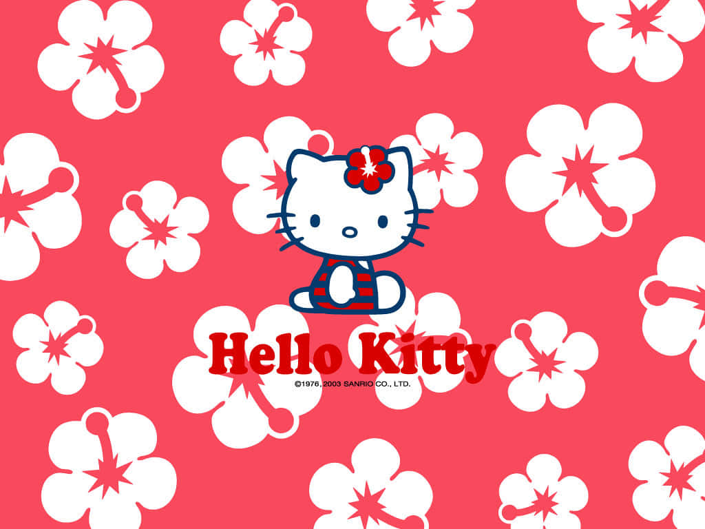 Hello Kitty Pc 桌布 壁紙 — Hello Kitty 坐在以白色櫻花圖案裝飾的鮮豔粉紅色背景中央。