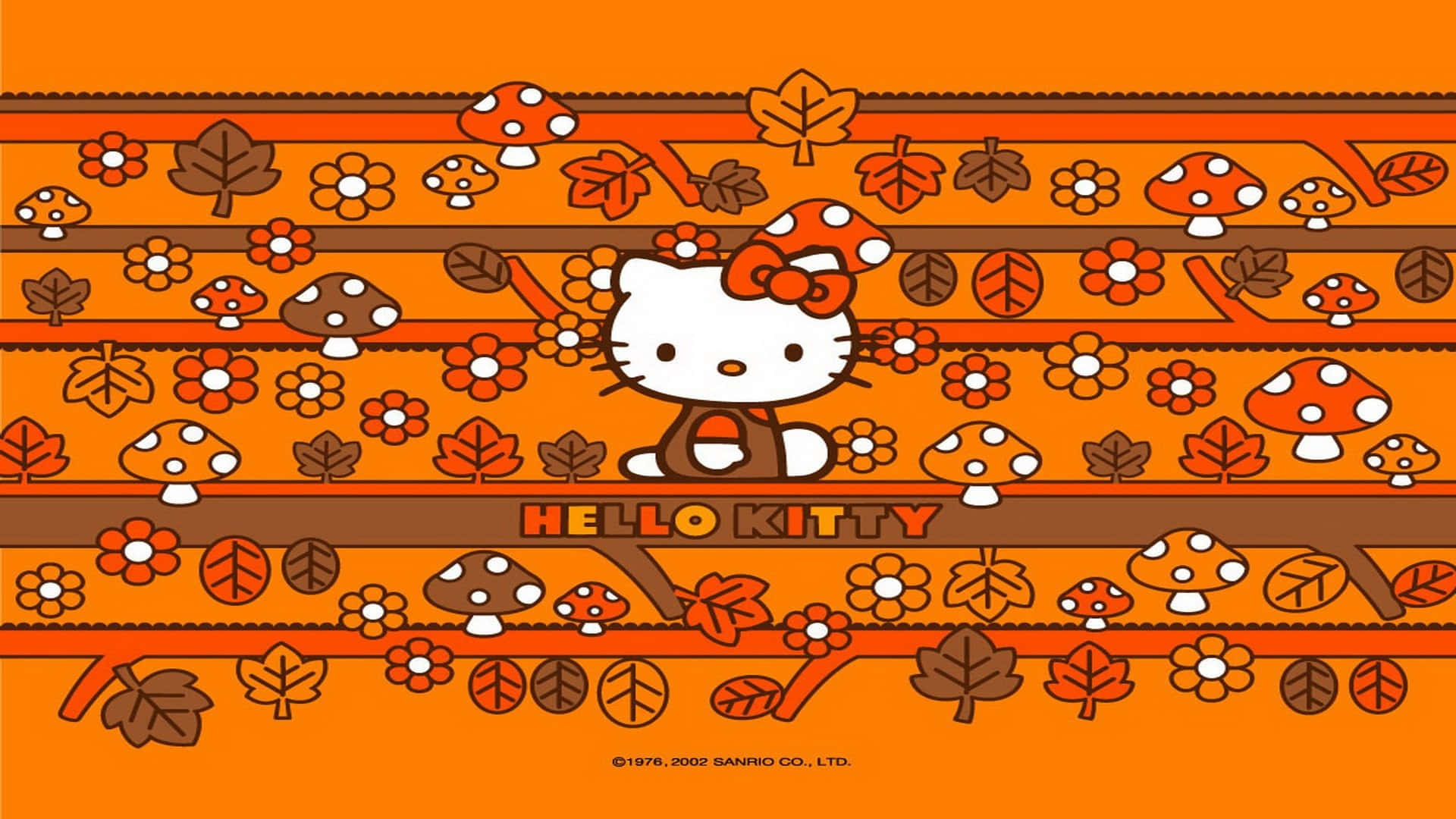 Hello Kitty Thanksgiving 桌布 壁紙 — Hello Kitty 坐在充滿活力的秋季主題圖案壁紙中央，上面有蘑菇和樹葉。