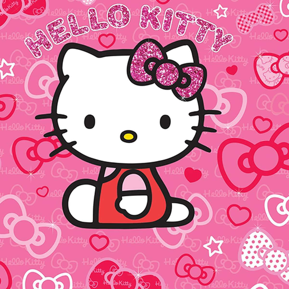 Hello Kitty 桌布 壁紙 — Hello Kitty 坐在充滿閃亮蝴蝶結、愛心和星星的鮮豔粉紅色背景中央。