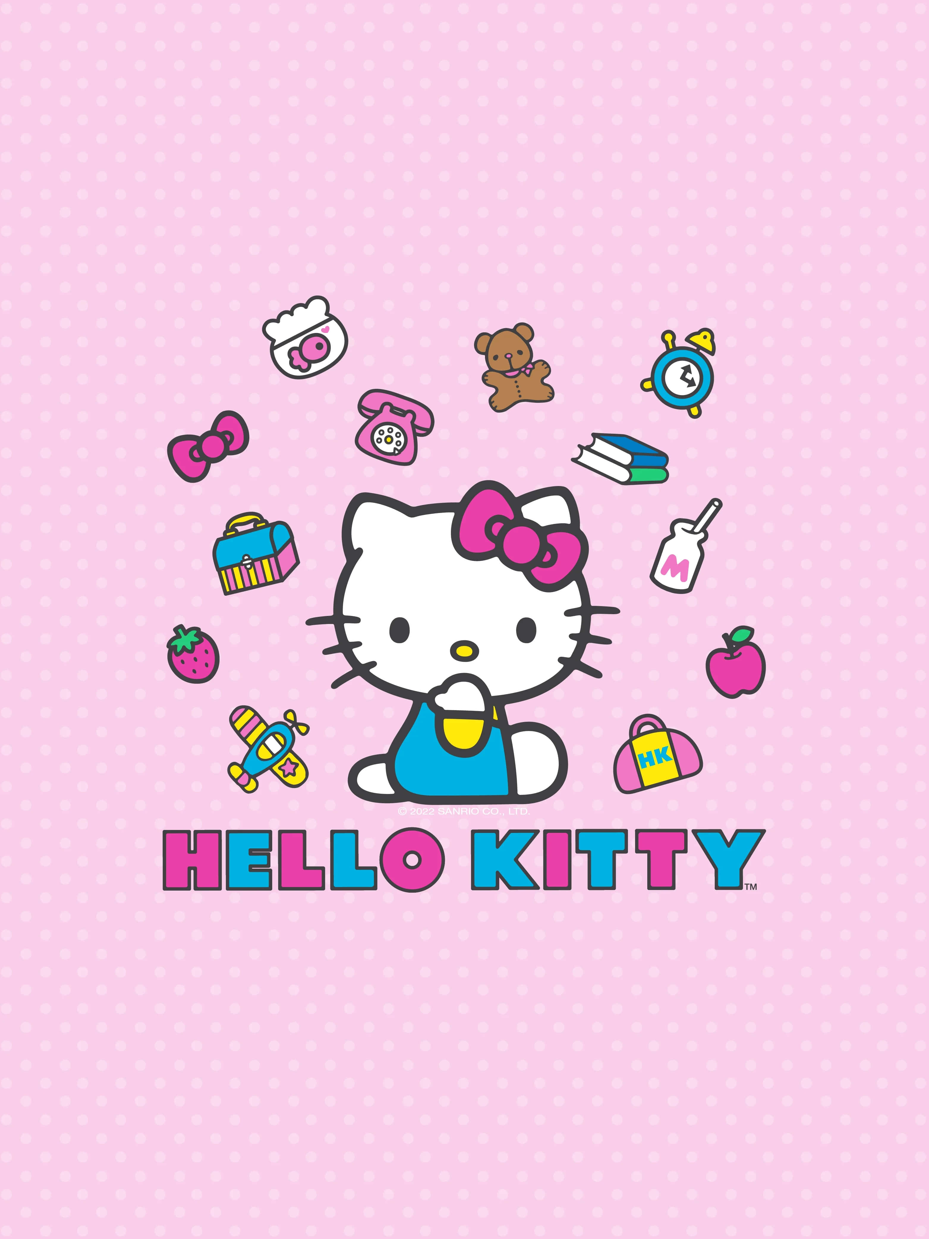 Cute Kawaii Japanese Characters 桌布 壁紙 — Hello Kitty 坐在粉紅色圓點背景上，周圍漂浮著學校用品。