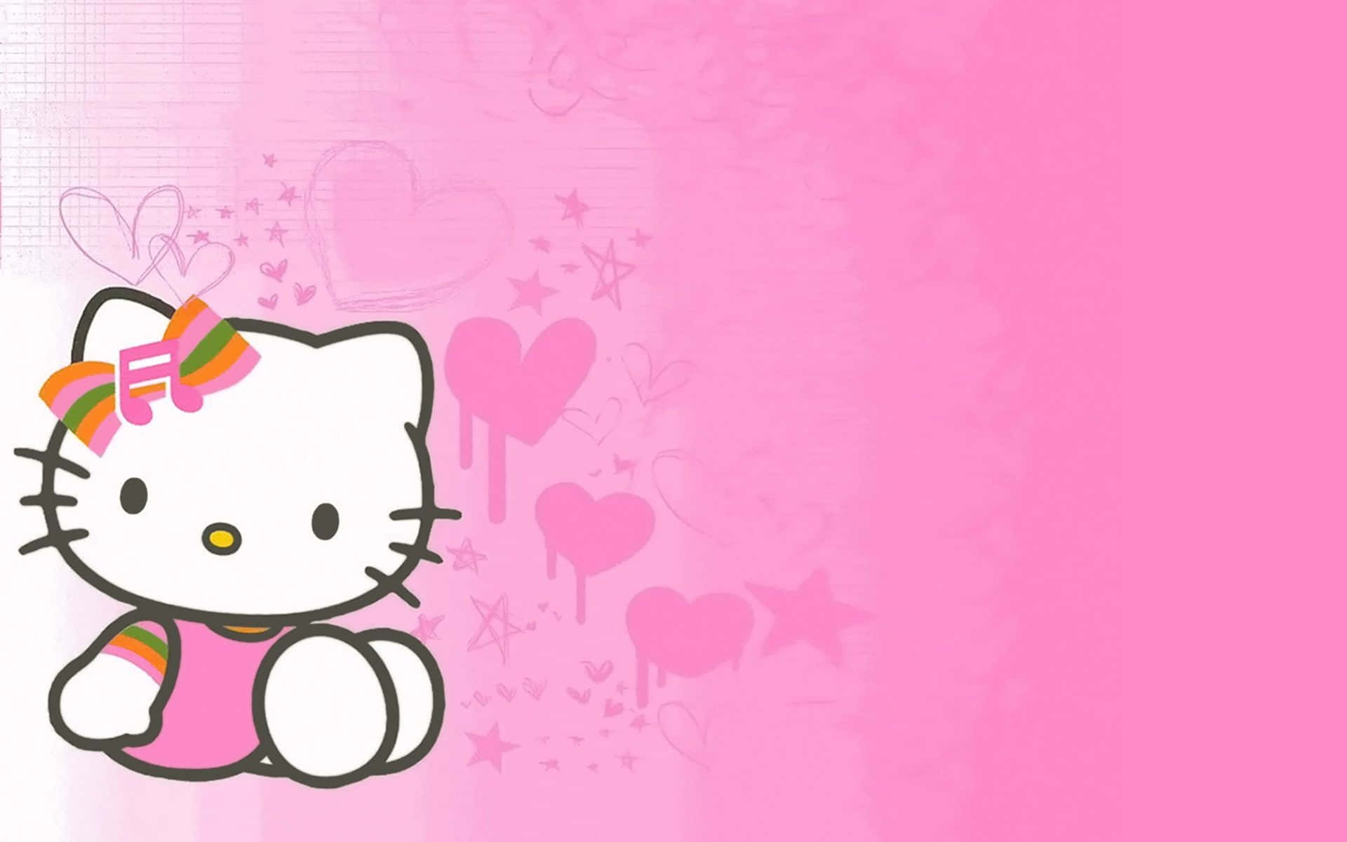 Hello Kitty 桌布 壁紙 — Hello Kitty 坐在粉紅色漸變背景上微笑，心形和星星在她周圍漂浮。