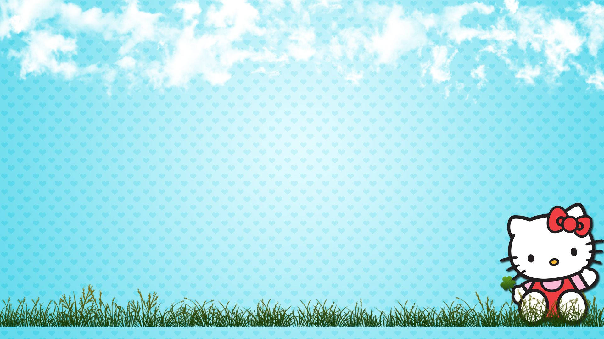 Hello 桌布 壁紙 — Hello Kitty 坐在藍天白雲和愛心圖案背景下的綠色草地上。