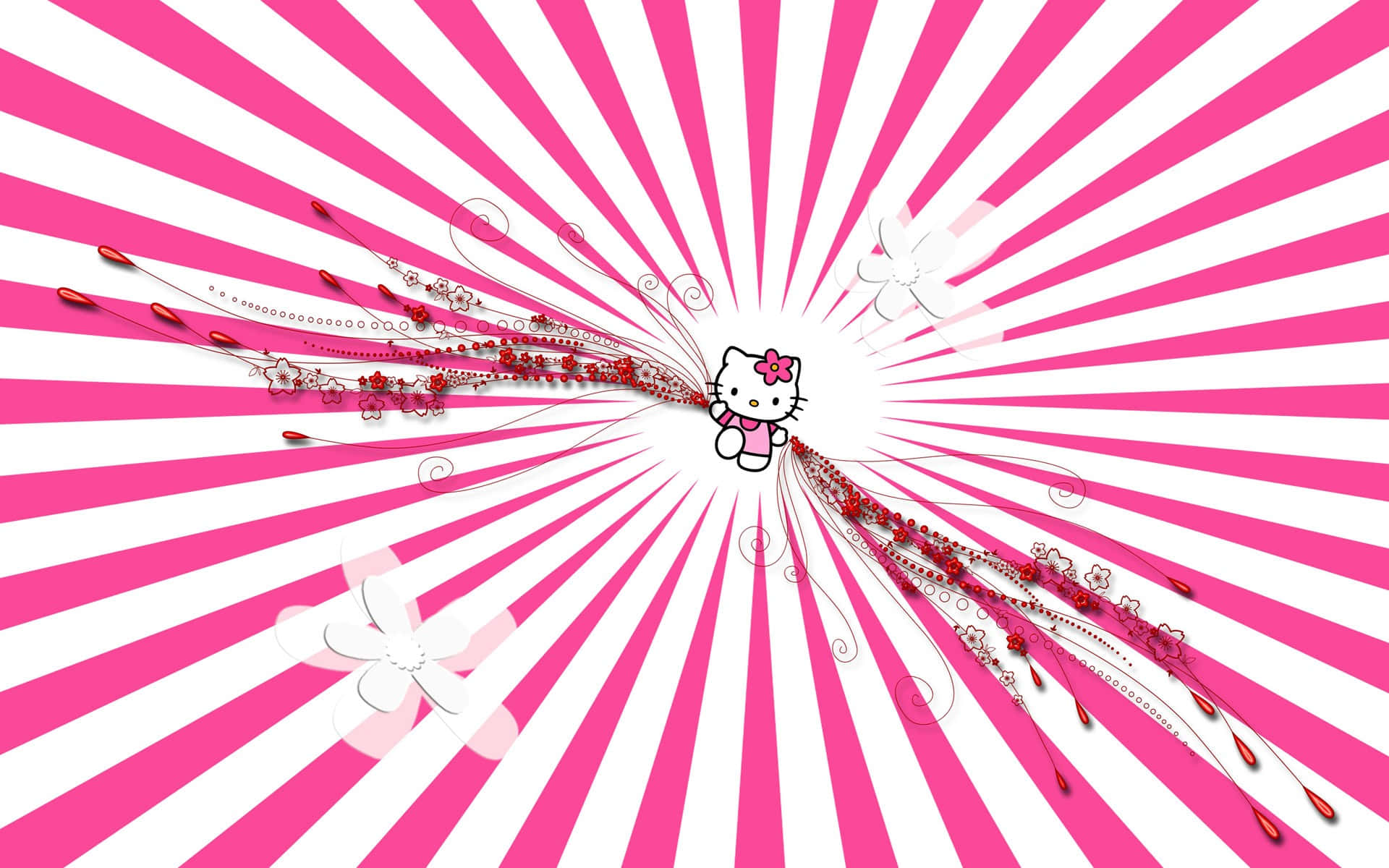 Hello Kitty 桌布 壁紙 — Hello Kitty 居中於充滿活力的粉紅色和白色放射狀爆發，帶有花卉漩渦和裝飾性軌跡。