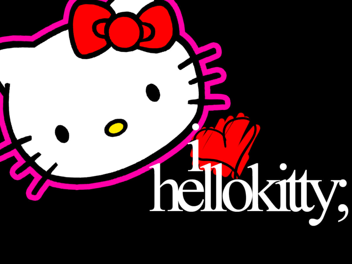 Hello Kitty Laptop 桌布 壁紙 — Hello Kitty 帶有粉紅色輪廓和紅色蝴蝶結從左側窺視，背景為黑色，帶有白色文字。