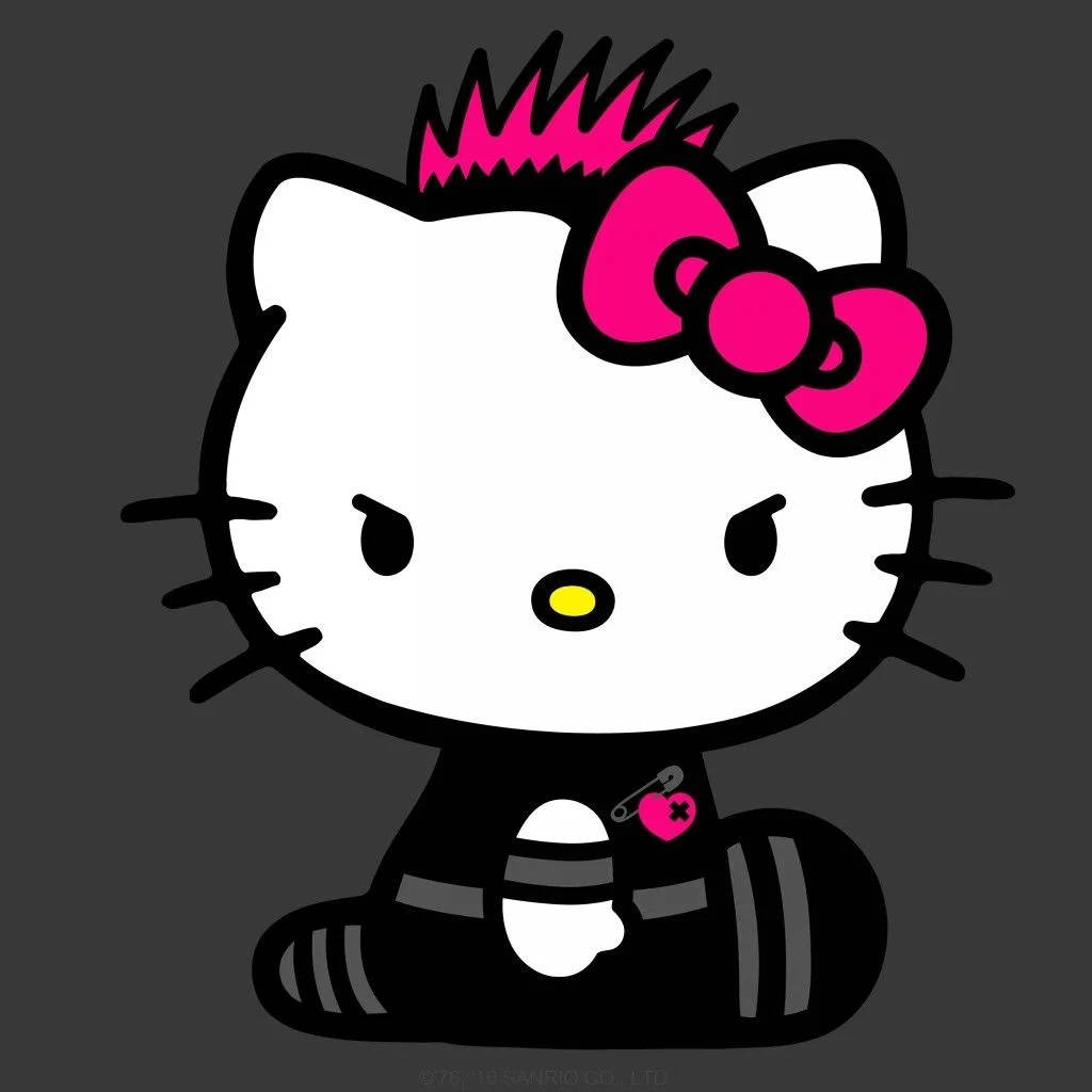 Hello 桌布 壁紙 — Hello Kitty 帶有龐克莫霍克頭和粉紅色蝴蝶結，穿著黑色服裝，帶有安全別針和心形補丁，背景為深灰色。