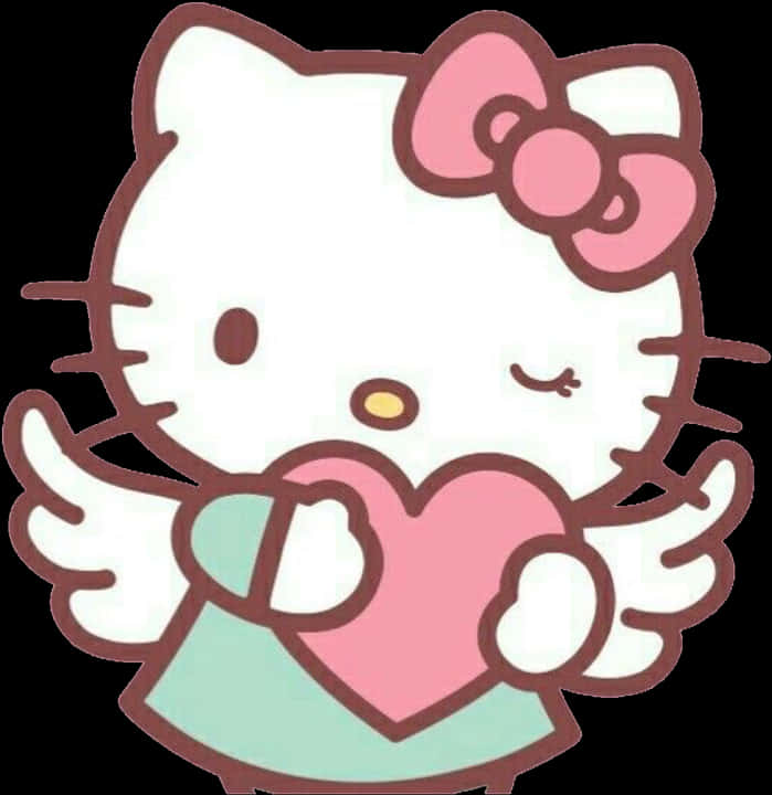 Hello Kitty 桌布 壁紙 — Hello Kitty 帶著天使翅膀，在可愛的卡通插圖中拿著一個粉紅色的心。