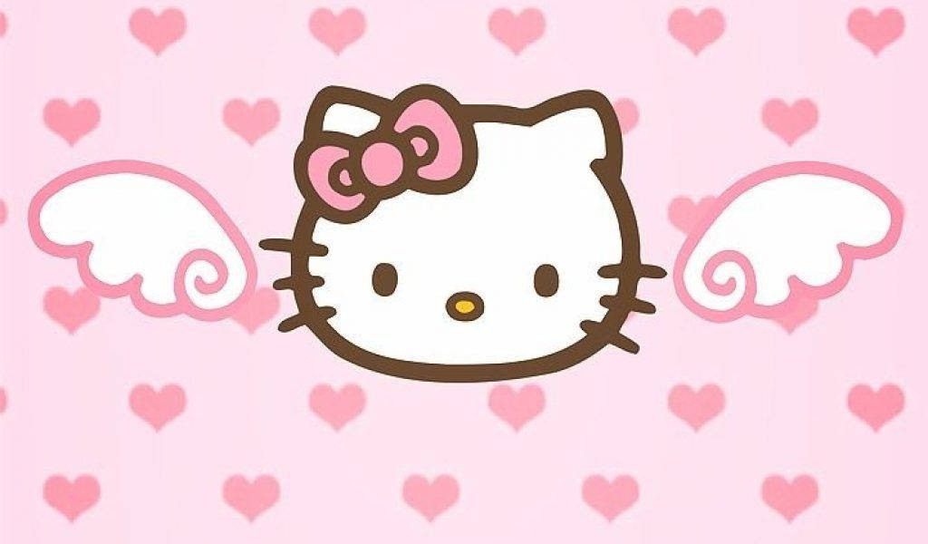 Hello 桌布 壁紙 — Hello Kitty 帶著天使翅膀和粉紅色蝴蝶結，漂浮在柔軟粉紅色背景上的粉紅色心形田野中。
