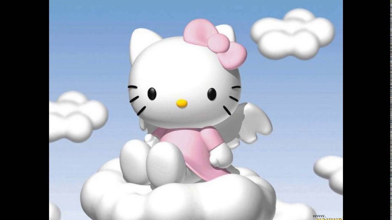 Hello 桌布 壁紙 — Hello Kitty 帶著天使翅膀坐在蓬鬆的雲朵上，背景是柔和的藍天，散佈著幾朵雲。