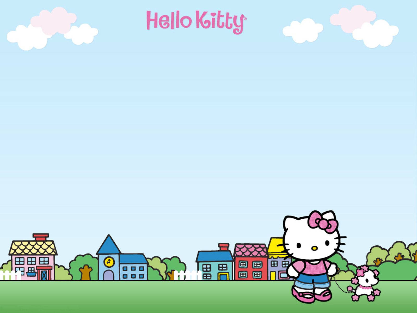 Hello 桌布 壁紙 — Hello Kitty 帶著她的小狗穿過一片綠色的田野，田野上有色彩繽紛的房屋和粉紅色的雲朵，在清澈的藍天下。