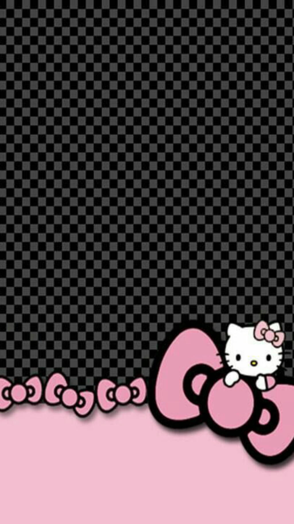 Kitty 桌布 壁紙 — Hello Kitty 從一個巨大的粉紅色蝴蝶結後面窺視，背景是黑色格紋，底部邊框為粉紅色。