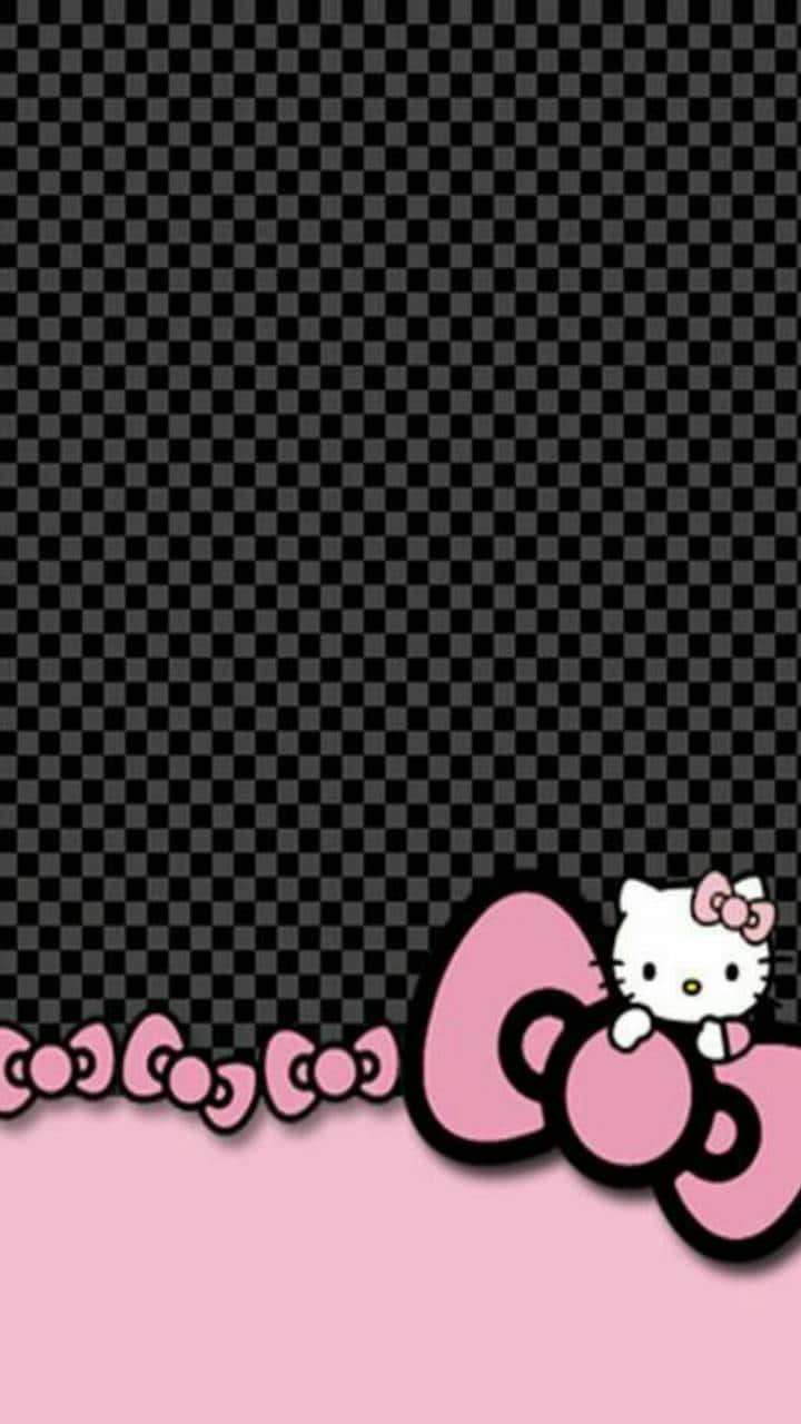 Hello Kitty 桌布 壁紙 — Hello Kitty 從一個巨大的粉紅色蝴蝶結後面窺視，背景是黑色格紋和粉紅色地板。