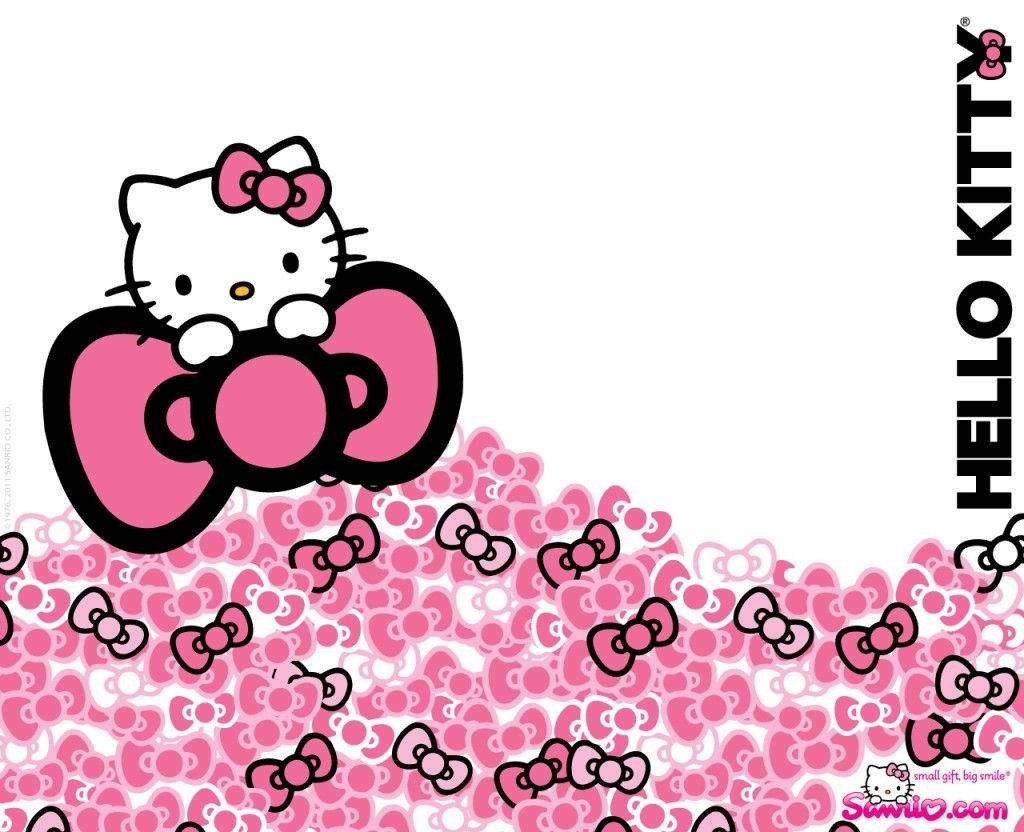 Hello 桌布 壁紙 — Hello Kitty 從一個巨大的粉紅色蝴蝶結中探出頭來，周圍是白色背景上的一片較小的蝴蝶結。