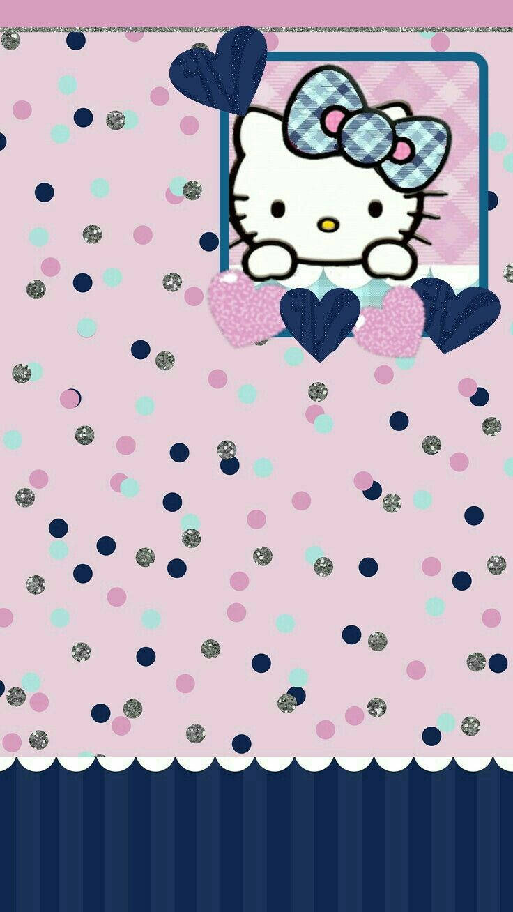 Hello 桌布 壁紙 — Hello Kitty 從一個鑲框的窗戶中探出頭來，周圍是閃閃發光的圓點和愛心，背景是粉彩粉紅色。