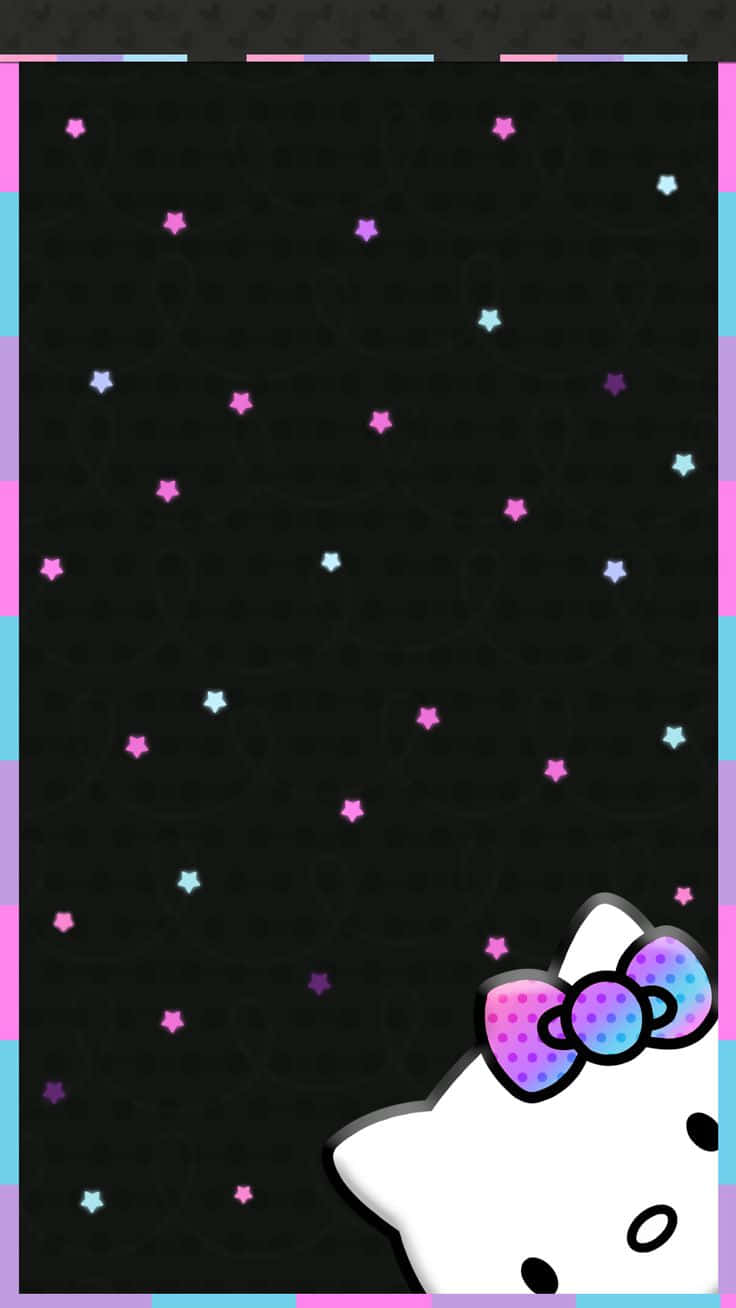 Hello Kitty 桌布 壁紙 — Hello Kitty 從右下角探出頭來，背景是黑色，點綴著彩色星星和充滿活力的柔和邊框。
