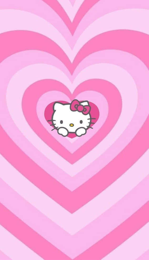 Kawaii Hello Kitty 桌布 壁紙 — Hello Kitty 從同心粉紅愛心圖案中探出頭來，背景為柔和漸層色。