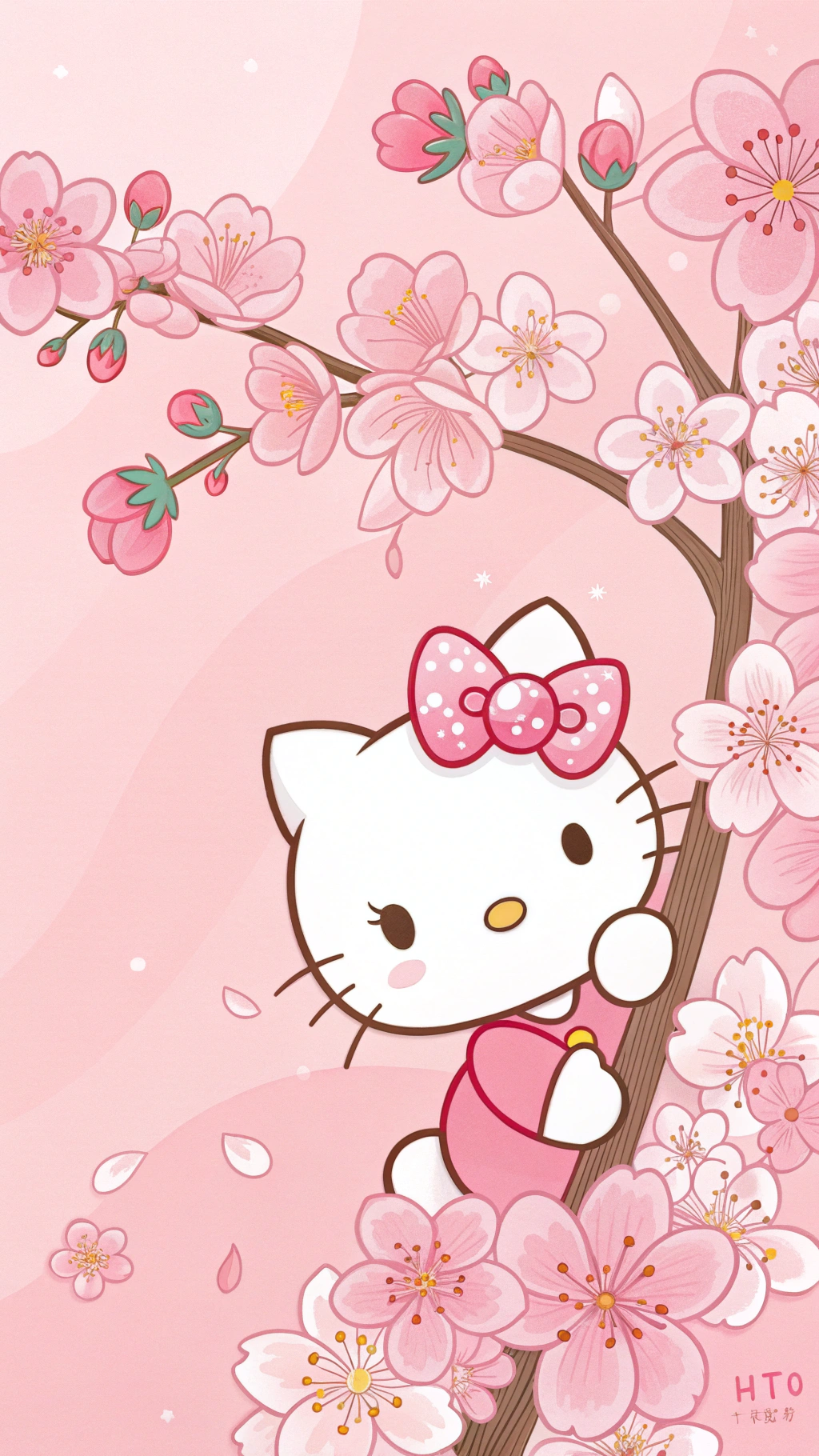 Cherry Blossoms 桌布 壁紙 — Hello Kitty 從櫻花樹後探出頭來，粉紅色的花瓣在柔和的粉紅色漸變背景中飄浮。