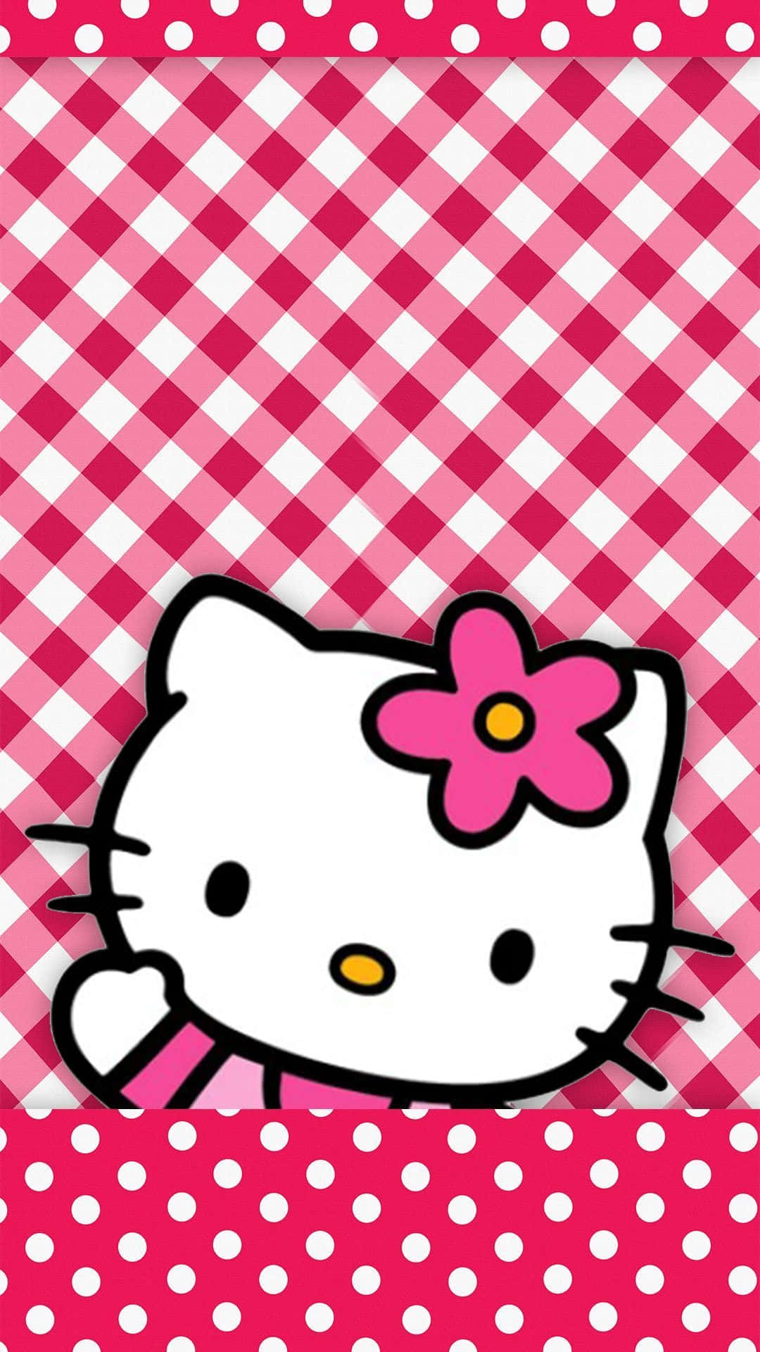 Kawaii Hello Kitty 桌布 壁紙 — Hello Kitty 從粉紅和白色格紋背景及圓點邊框後面探出頭來。