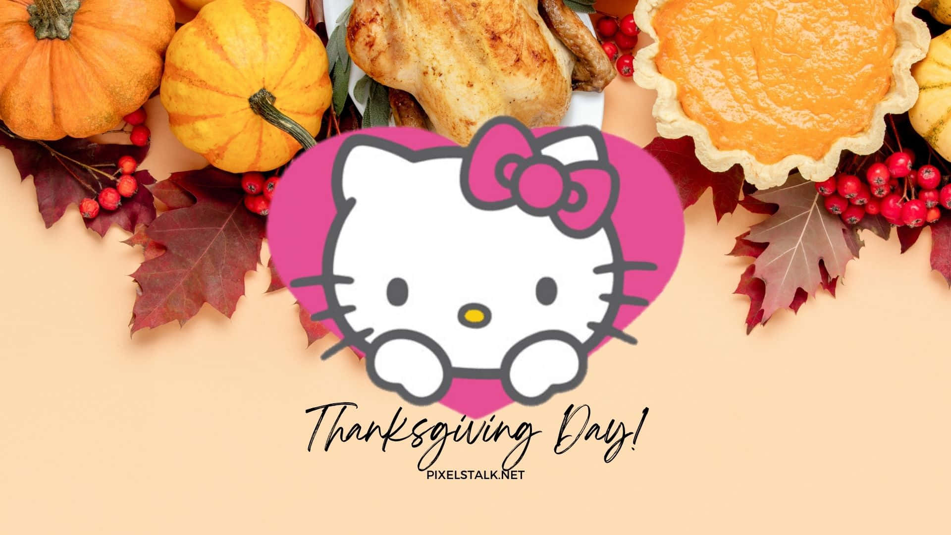 Hello Kitty Thanksgiving 桌布 壁紙 — Hello Kitty 從粉紅心形中探出頭來，周圍環繞著南瓜、蔓越莓和秋葉，並附有感恩節文字。