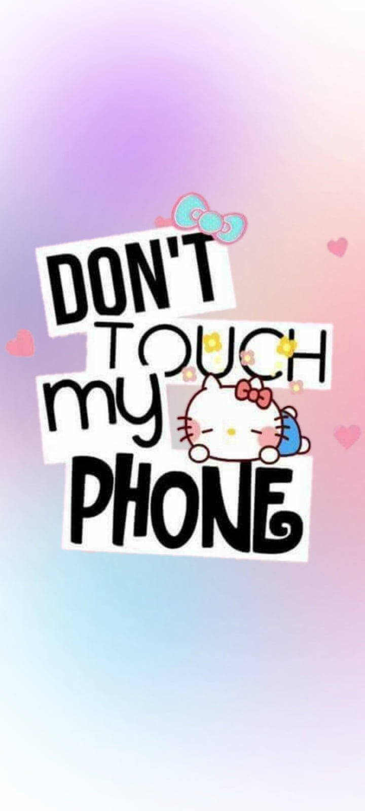 Tumblr iPhone 桌布 壁紙 — Hello Kitty 從粗體文字後方探出頭來，背景是柔和的粉彩漸層，並有漂浮的心形。