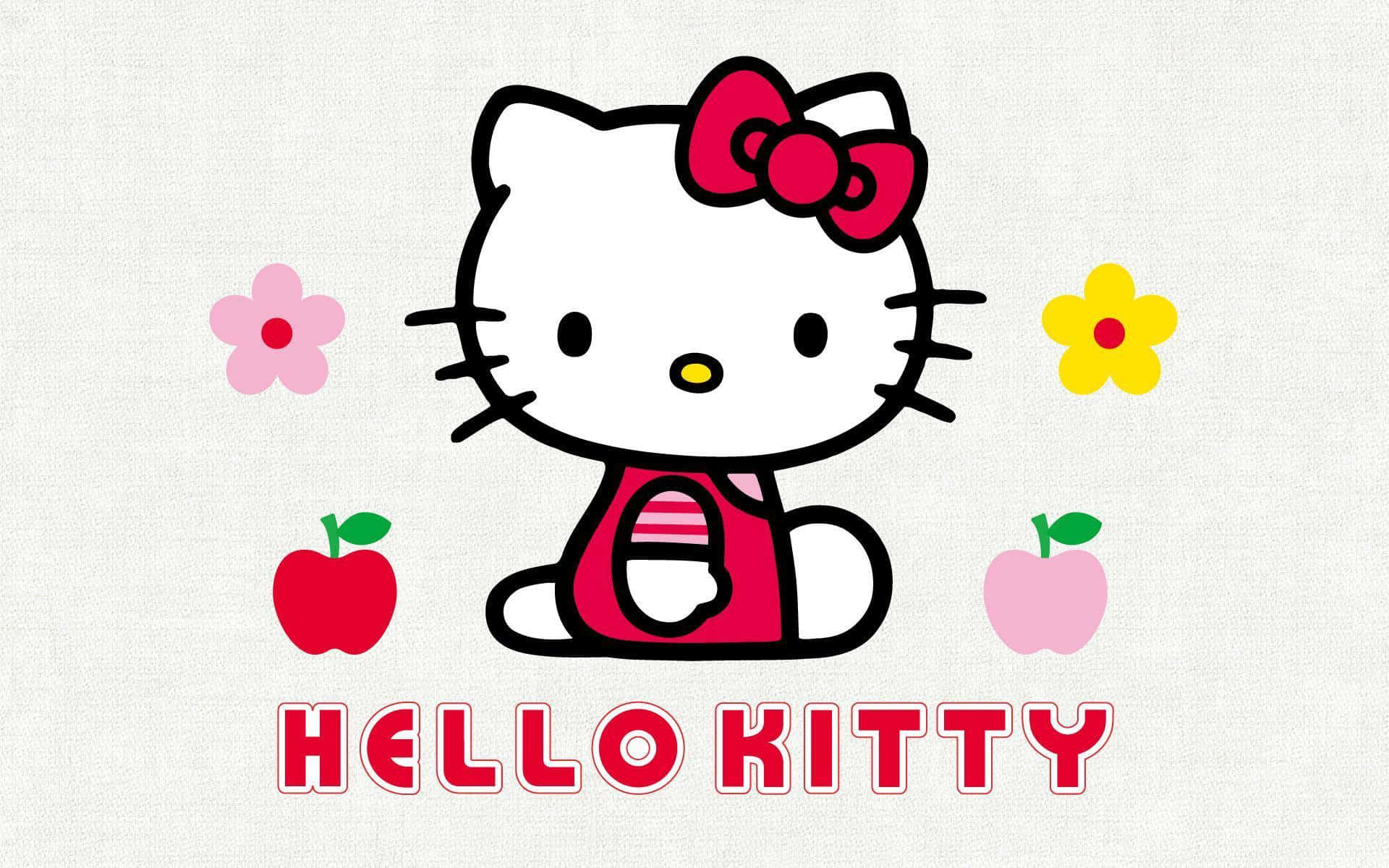 Hello Kitty 桌布 壁紙 — Hello Kitty 微笑著坐在紅色連衣裙中，周圍有粉紅色和黃色的花朵和蘋果，背景為紋理白色。