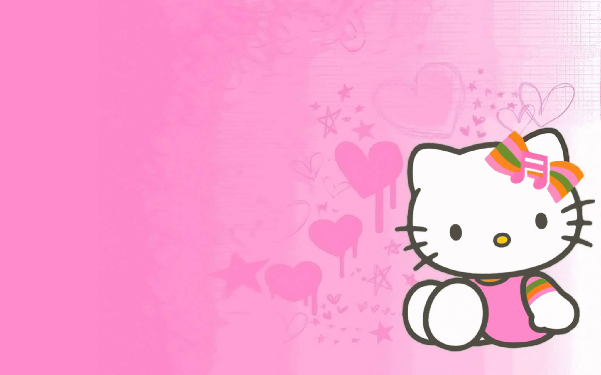 可愛粉色動圖 桌布 壁紙 — Hello Kitty 微笑著坐在一個以愛心和星星裝飾的鮮豔粉紅色背景上。