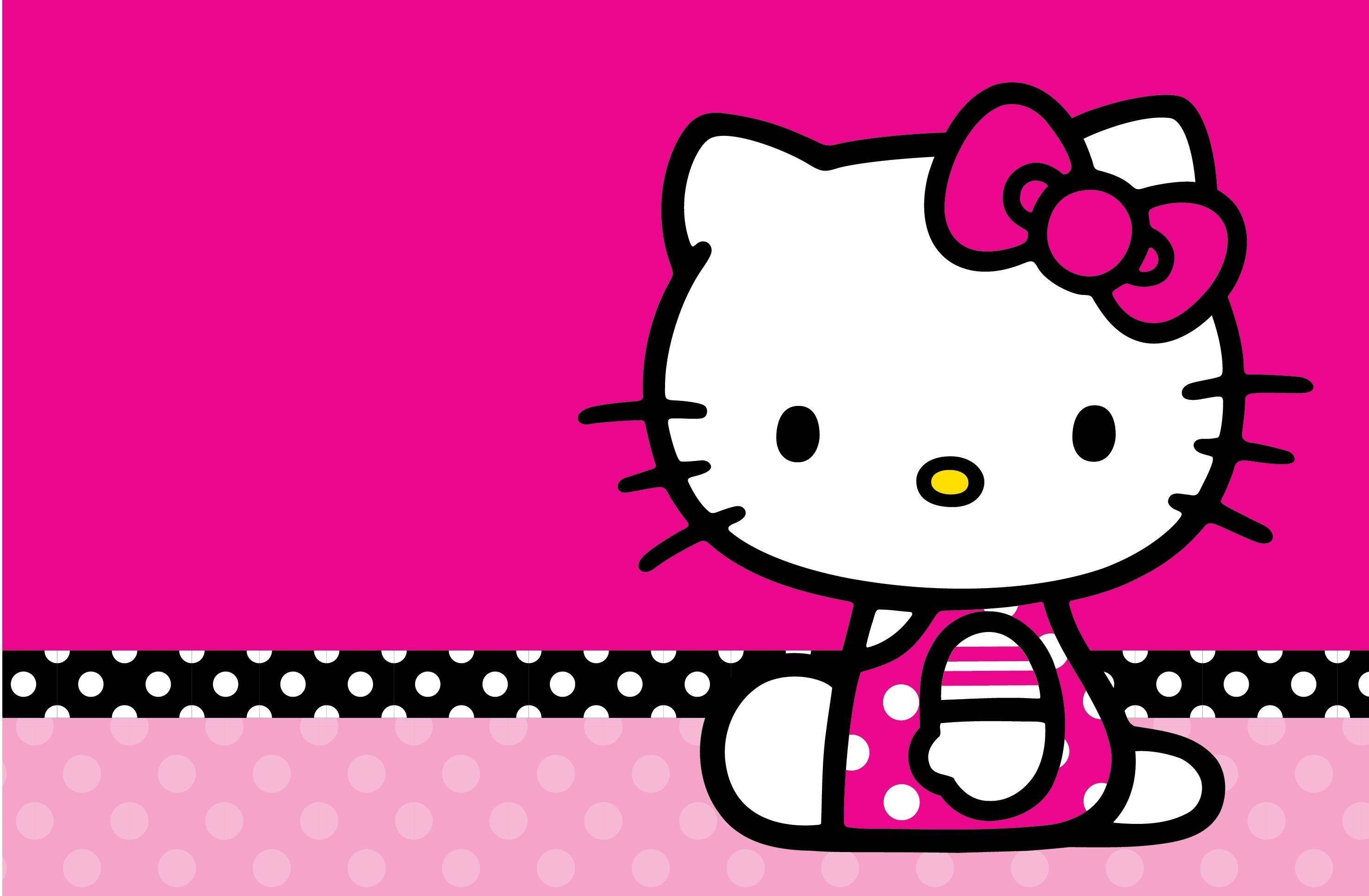 Hello Kitty 桌布 壁紙 — Hello Kitty 微笑著坐在粉紅色圓點地板上，背景是鮮豔的粉紅色，帶有黑白圓點邊框。