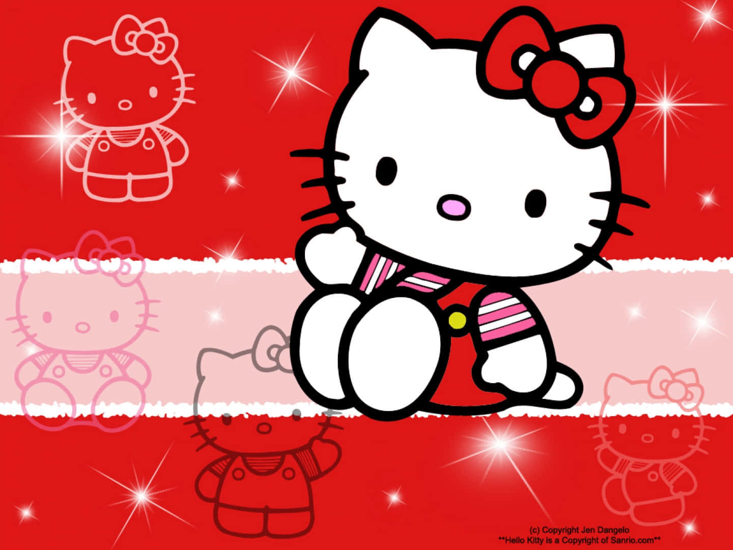 Hello Kitty Pc 桌布 壁紙 — Hello Kitty 愉快地坐在一個帶有閃光和自身輪廓版本的節日紅粉背景中。