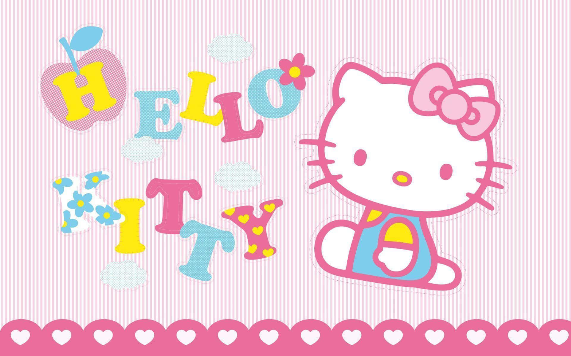 Hello Kitty Pc 桌布 壁紙 — Hello Kitty 愉快地坐在色彩繽紛的字母旁邊，這些字母拼出她的名字，背景是帶有心形圖案的粉紅色條紋。