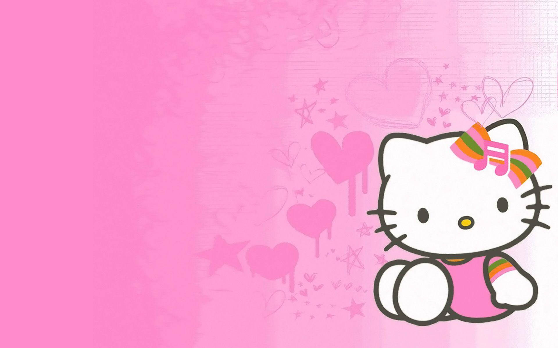 Hello 桌布 壁紙 — Hello Kitty 愉快地坐在一個以愛心和星星裝飾的柔和粉紅色背景上。