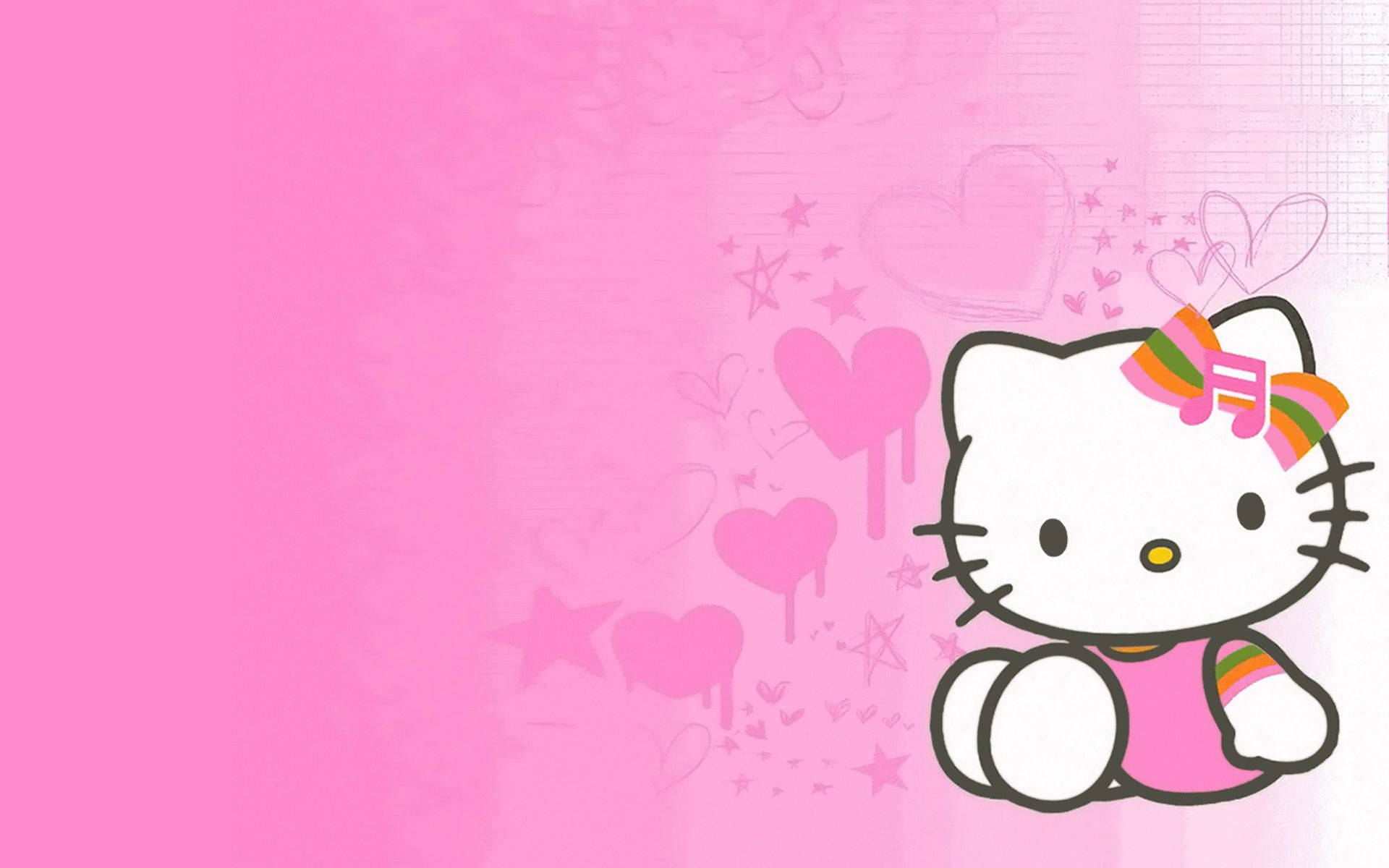 Hello 桌布 壁紙 — Hello Kitty 愉快地坐在一個以愛心和星星裝飾的柔和粉紅色背景中。