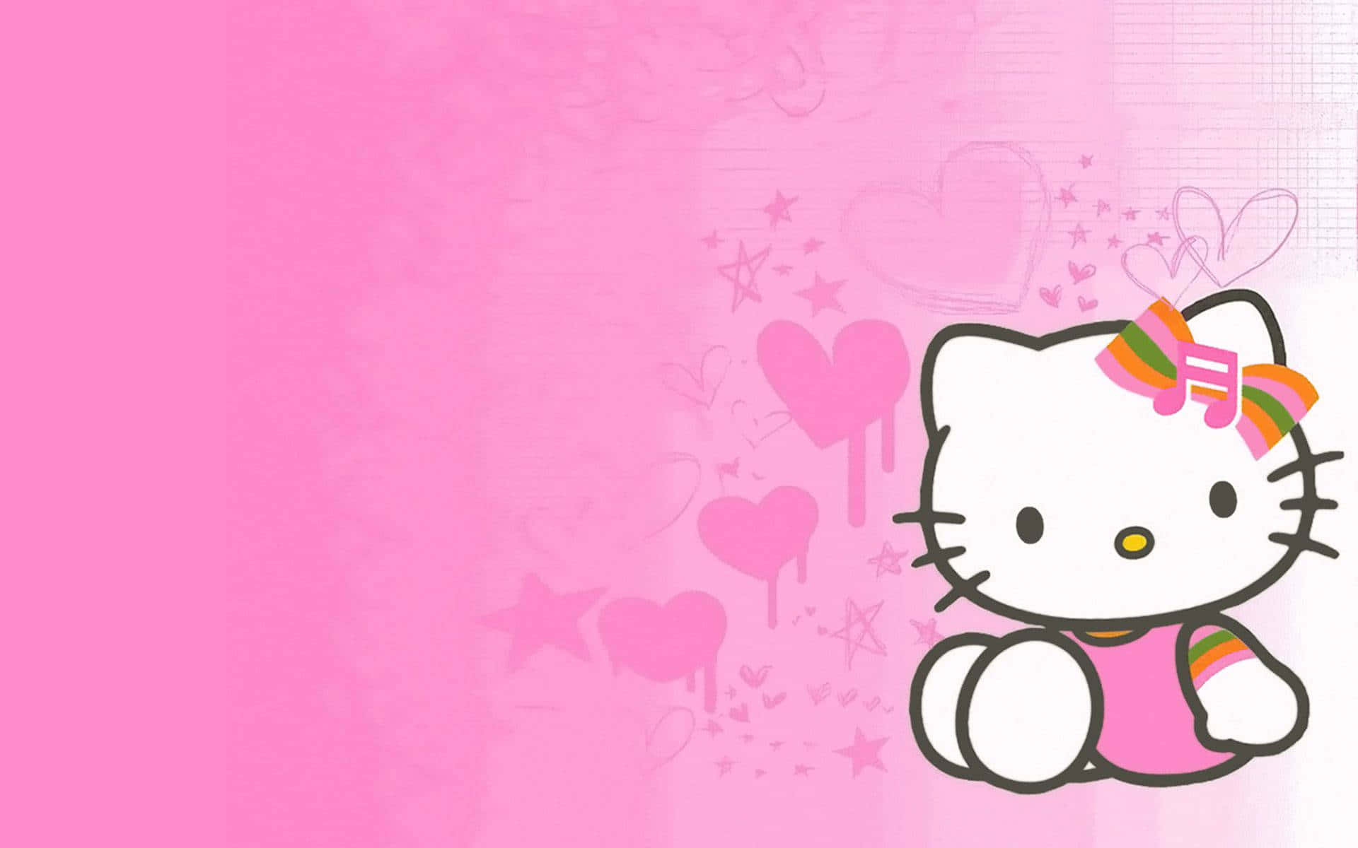 Hello Kitty 桌布 壁紙 — Hello Kitty 愉快地坐在一個以愛心和星星裝飾的柔軟粉紅色背景上。