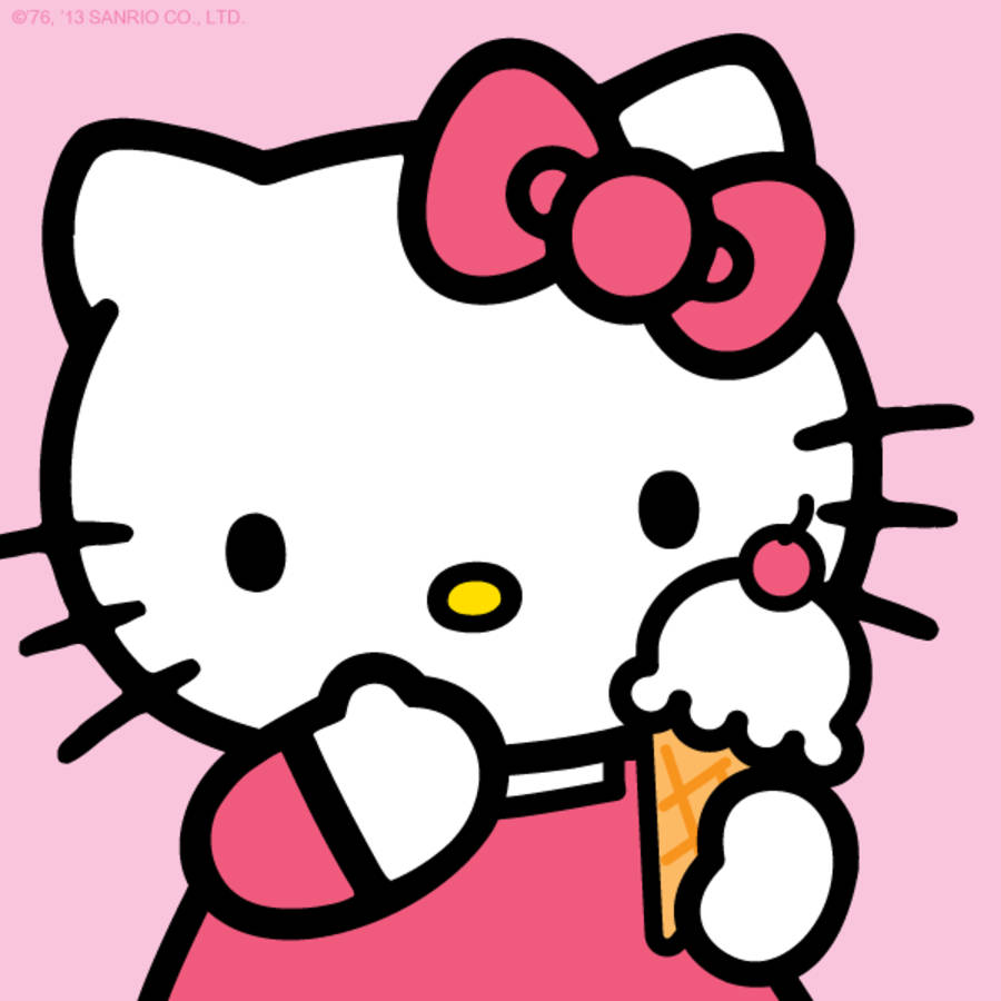 Hello Kitty 拿著一個頂部有櫻桃的冰淇淋甜筒。 — 三麗鷗角色 GIF 壁紙